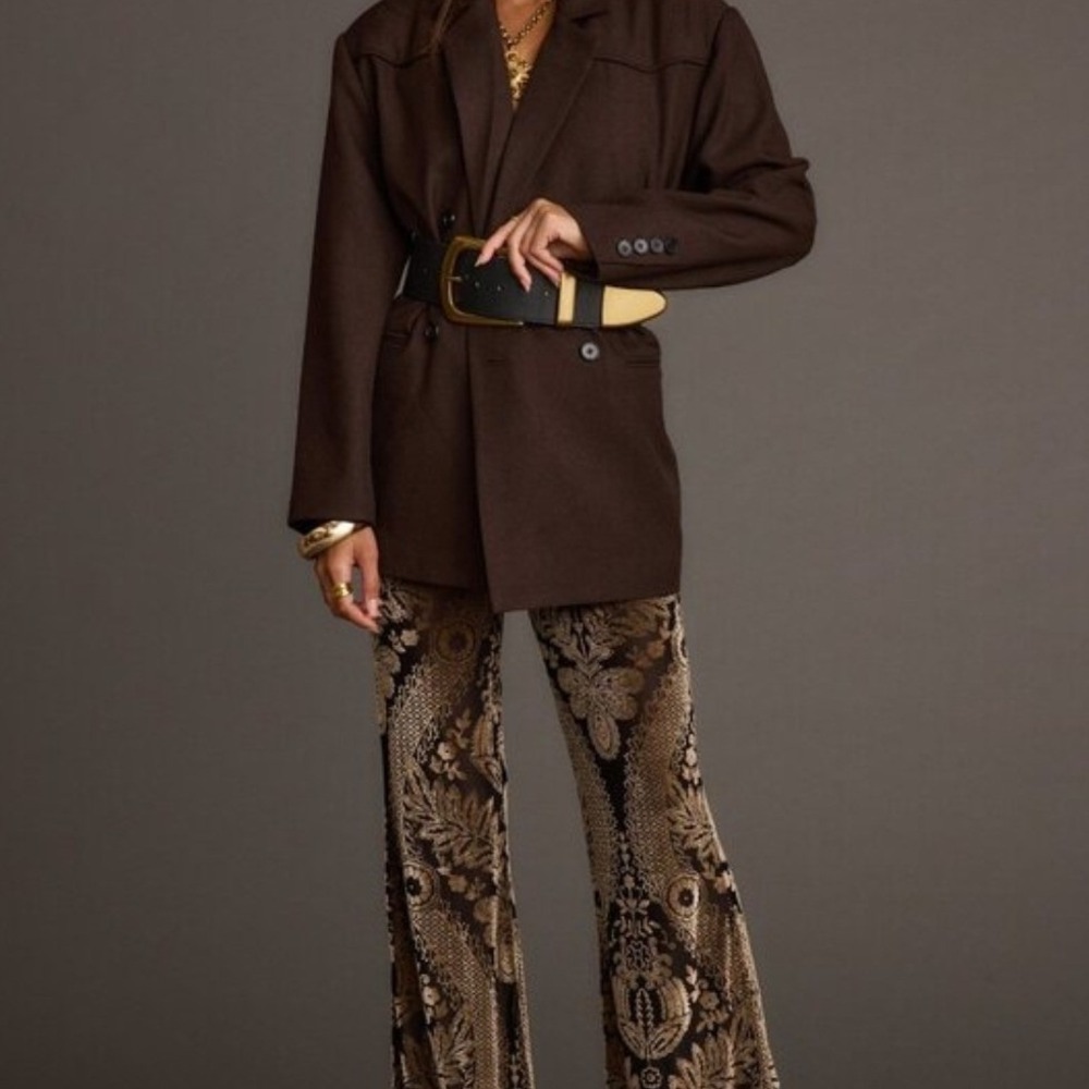 12th Tribe Flare Pants Women XL Gold Black  Velvet Damask Wide Leg